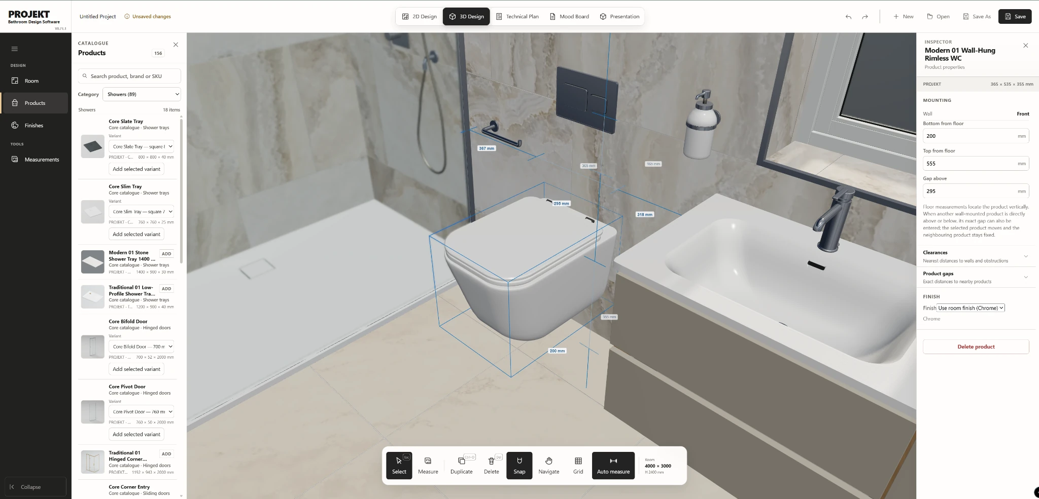 PROJEKT product inspector showing a wall-hung WC with dimension lines, product gaps and mounting height controls